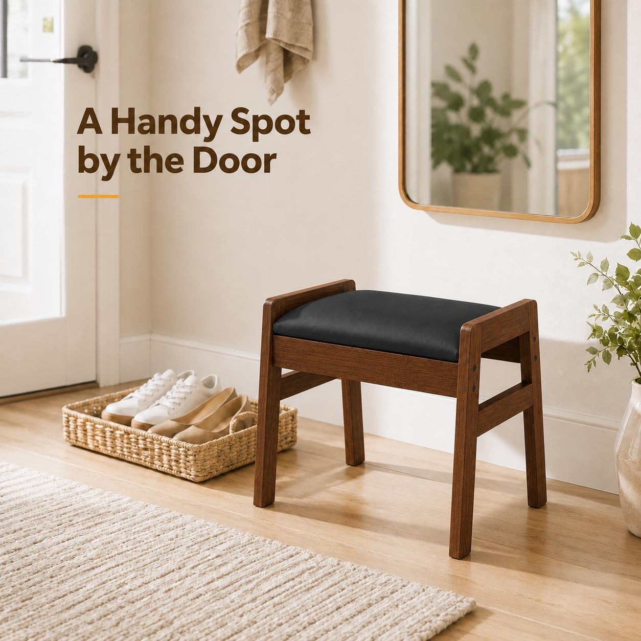 BAMBOOHOMIE Foot Stool Ottoman, Modern Vanity Stool Chair for Makeup with Removable Cushion & Side Handles, Bamboo Ottoman for Living Room Bedroom Office, Small Foot Rest for Couch (Black - Brown)
