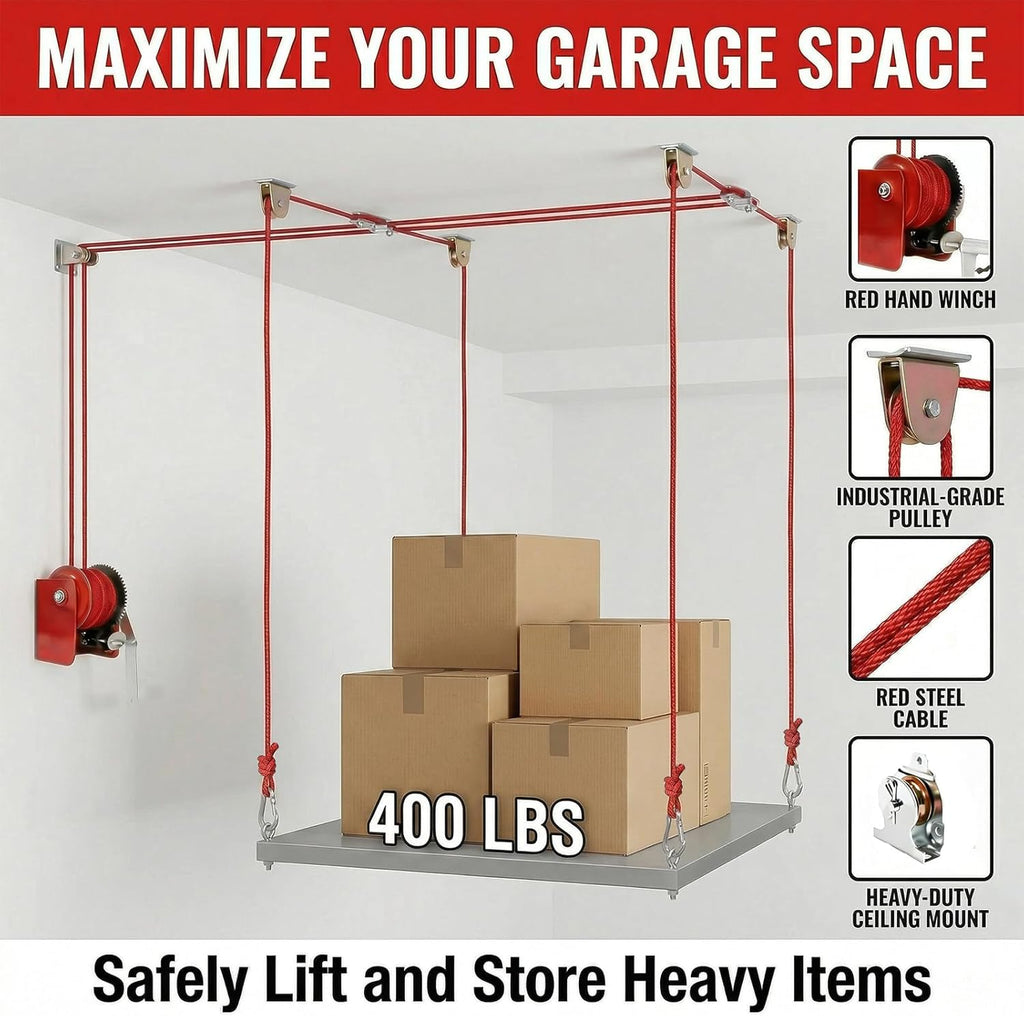 Overhead Garage Storage Lift Hoist, 400 lbs Ceiling Garage Hoist System with Hand Crank, Heavy Duty Double Rope Pulley Lift, Adjustable Garage Organizer for Bikes, Kayaks & Storage Bins (No Platform)