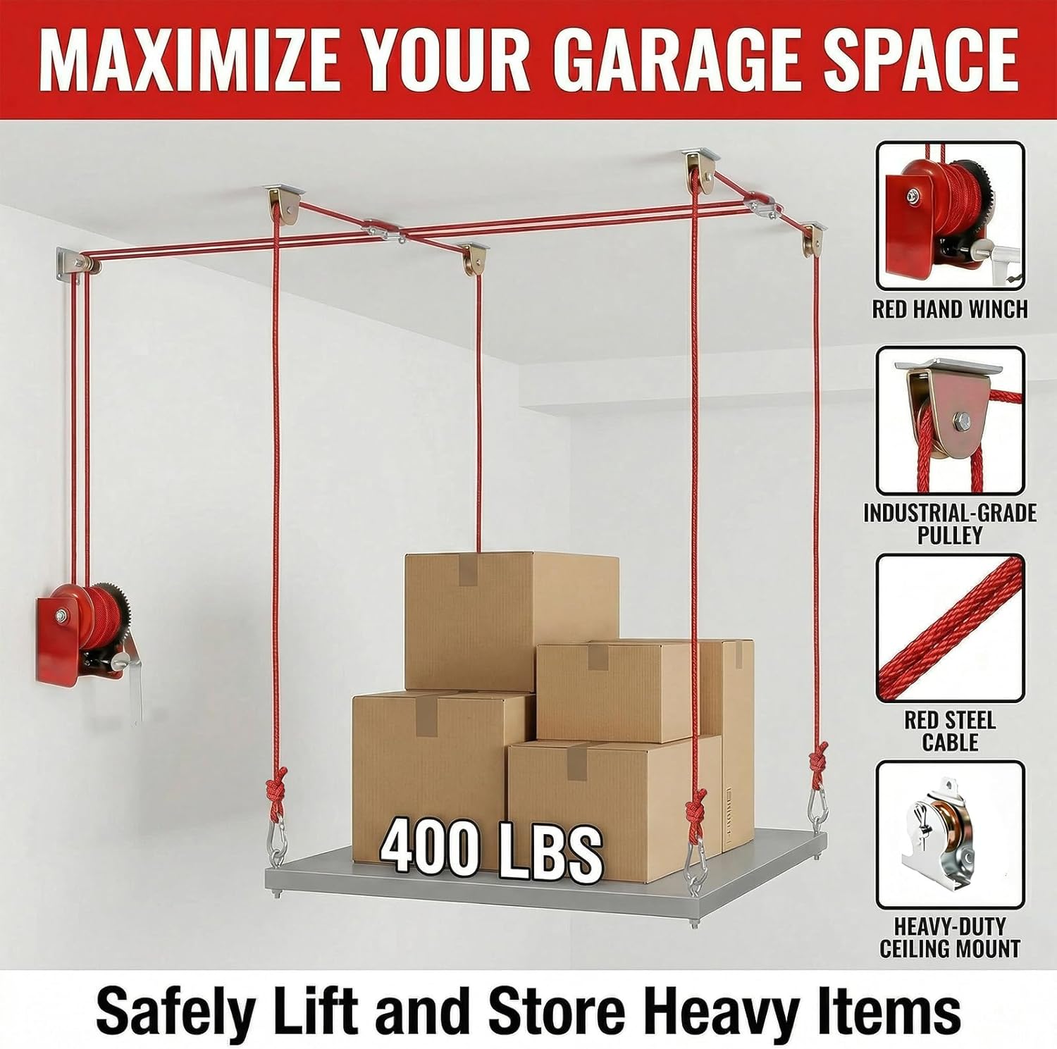 Overhead Garage Storage Lift Hoist, 400 lbs Ceiling Garage Hoist System with Hand Crank, Heavy Duty Double Rope Pulley Lift, Adjustable Garage Organizer for Bikes, Kayaks & Storage Bins (No Platform)