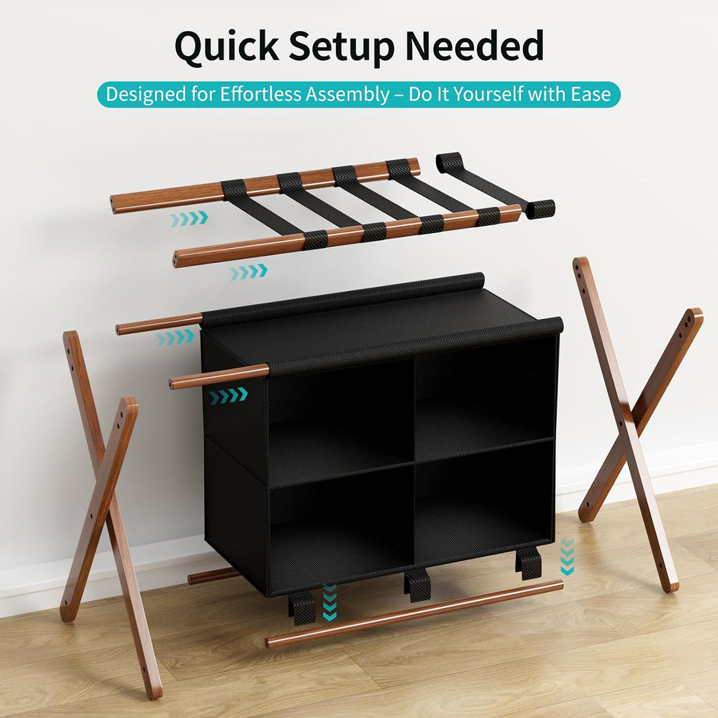 Bamboo Luggage Rack with 4 Storage Compartments, Foldable Suitcase Stand for Guest Room, 150lbs Capacity, Sturdy, Space-Saving and Easy to Assemble Organizer