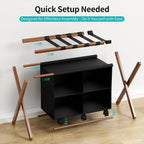 Bamboo Luggage Rack with 4 Storage Compartments, Foldable Suitcase Stand for Guest Room, 150lbs Capacity, Sturdy, Space-Saving and Easy to Assemble Organizer