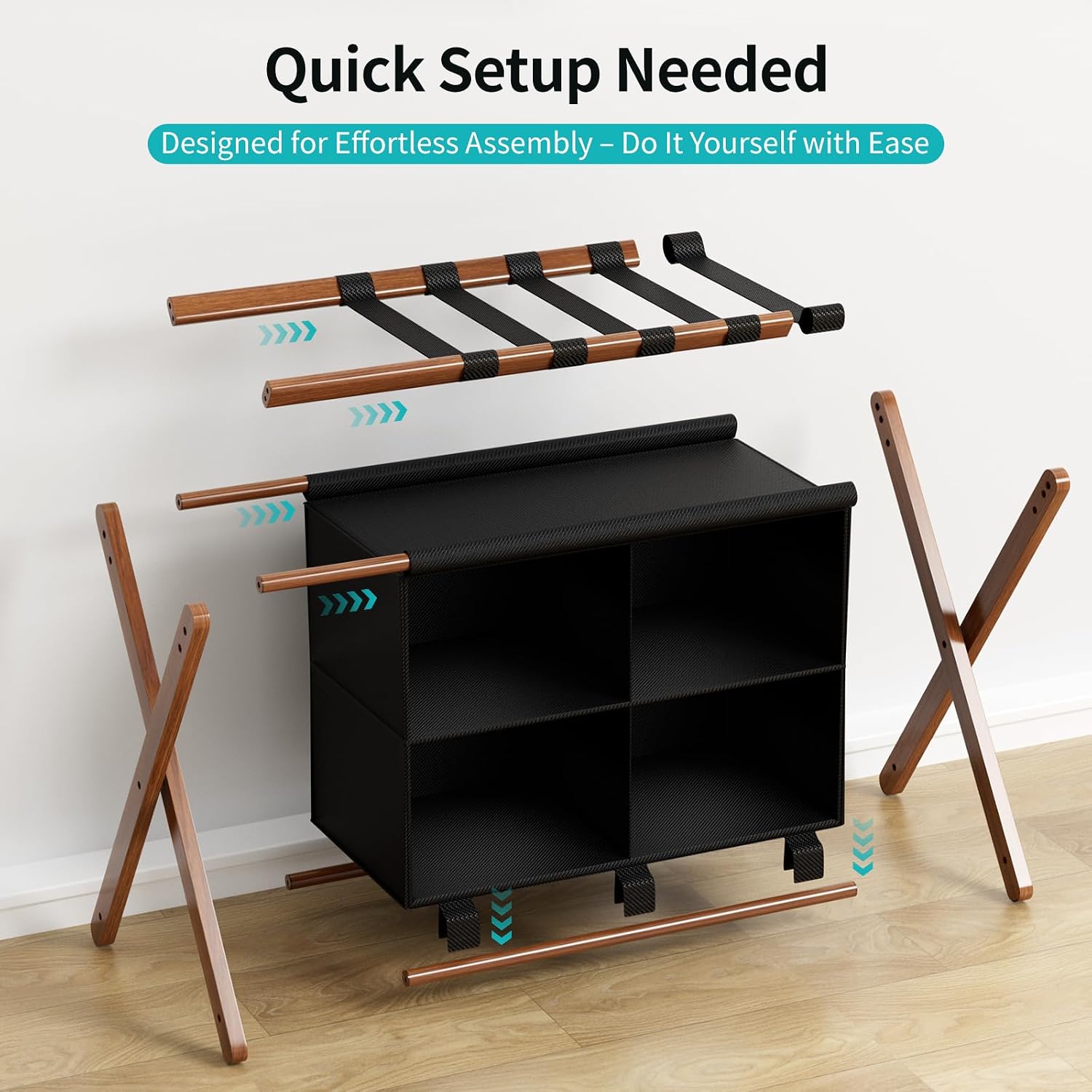 Bamboo Luggage Rack with 4 Storage Compartments, Foldable Suitcase Stand for Guest Room, 150lbs Capacity, Sturdy, Space-Saving and Easy to Assemble Organizer