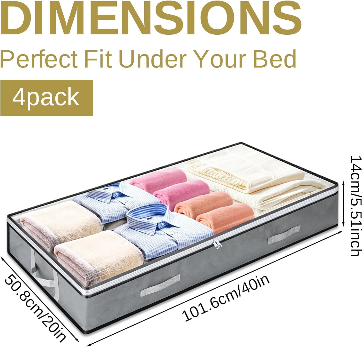 4 Pack 5.5 Inches High Under Bed Storage Containers, Low Profile Under Bed Storage Containers, Foldable Underbed Bag Stackable Closet Organizers for Blankets Clothing Comforter Wrapping Paper