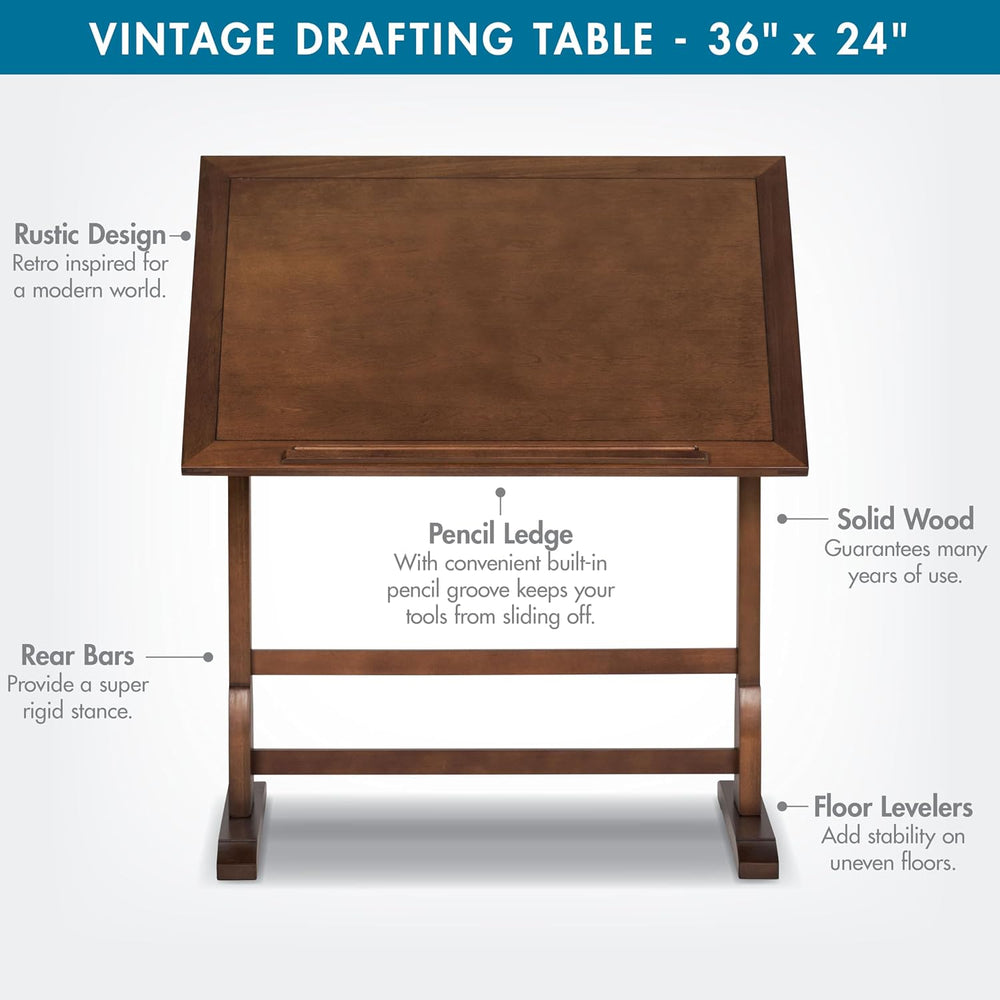 Studio Designs Vintage Rustic Oak Drafting Table, Top Adjustable Drafting Tab...