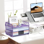 3-Tier Letter Tray Paper Organizer with Handle,Compact Mesh Desk File Organizer for Home Office Supplies Desktop Accessories,Purple