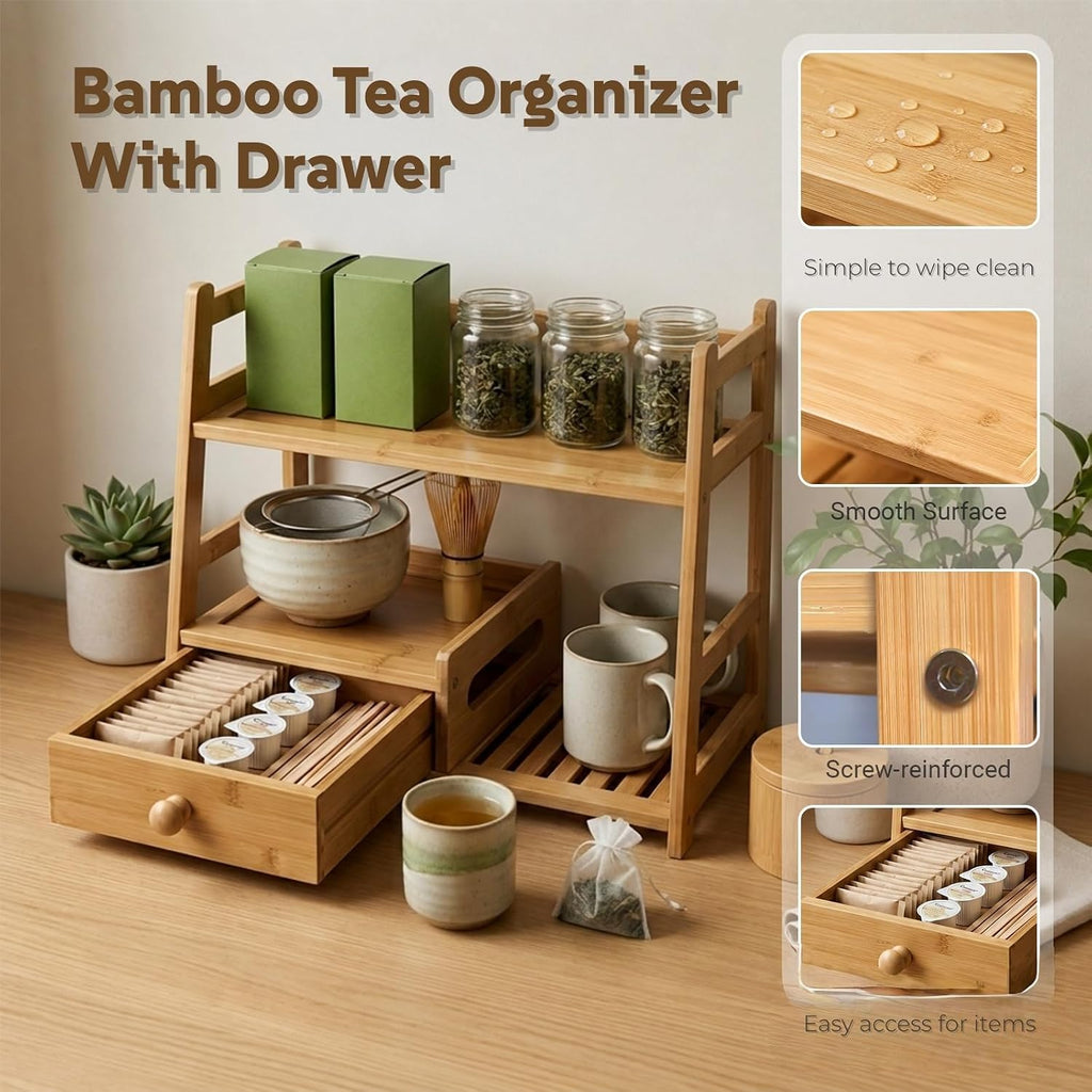 Tea Matcha Coffee Bamboo Station with Drawer for Kitchen and Office | countertop tidying, two-tier design, easy to clean, requires no complicated assembly, multi-scene use, tea drawer