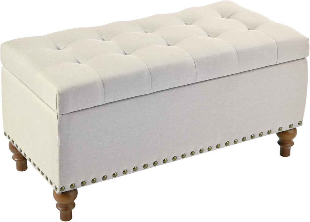 Ottoman Storage Bench, recessed Support Hinge top Easy to Open, Rivet Trim Ar...