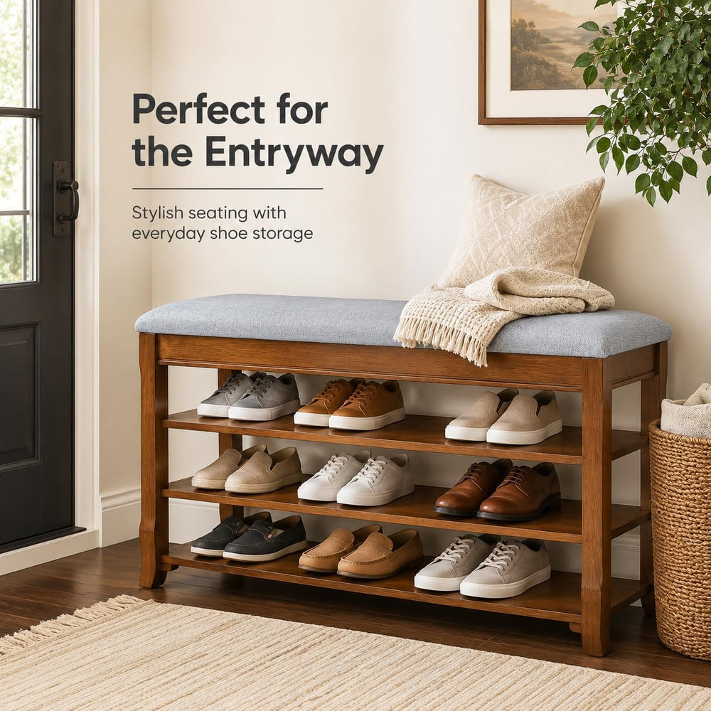 Solid Wood Shoe Bench with Storage, Flip-Top Soft-Close Lid, Adjustable Shelv...