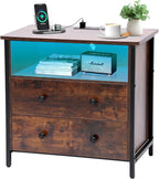 27 Inch Wide Night Stand, Large Wood Night Stand with 2 Drawers, LED Nightstand with Charging Station and Adjustable Drawer, Bedside Table for Living Room/Bedroom/Study/Office, Retro.