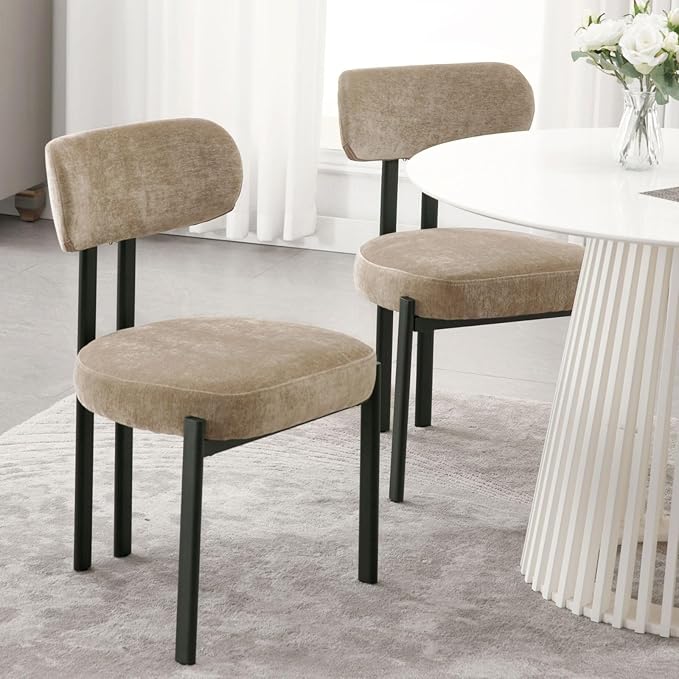 LukeAlon Chenille Dining Chairs Set of 6, Modern Curved Back Armless Kitchen Chairs with Black Metal Legs Upholstered Dining Room Chairs Reception Chairs for Living Room Office Restaurant, Khaki
