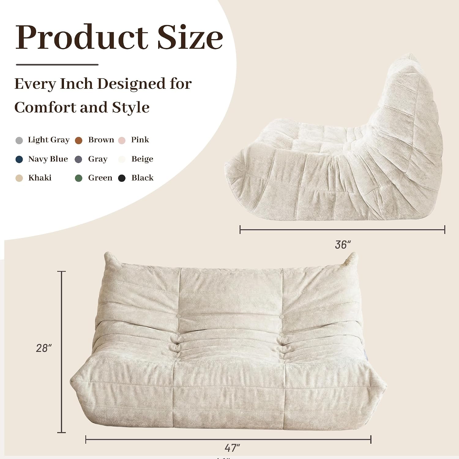 Kasunpul Bean Bag Chair, Giant Bean Bag Chairs for Adults, 2 Seater Lazy Bean Bag Sofa Memory Foam Couch, Loveseat Fireside Chair for Living Room, Bedroom, Office(Beige)