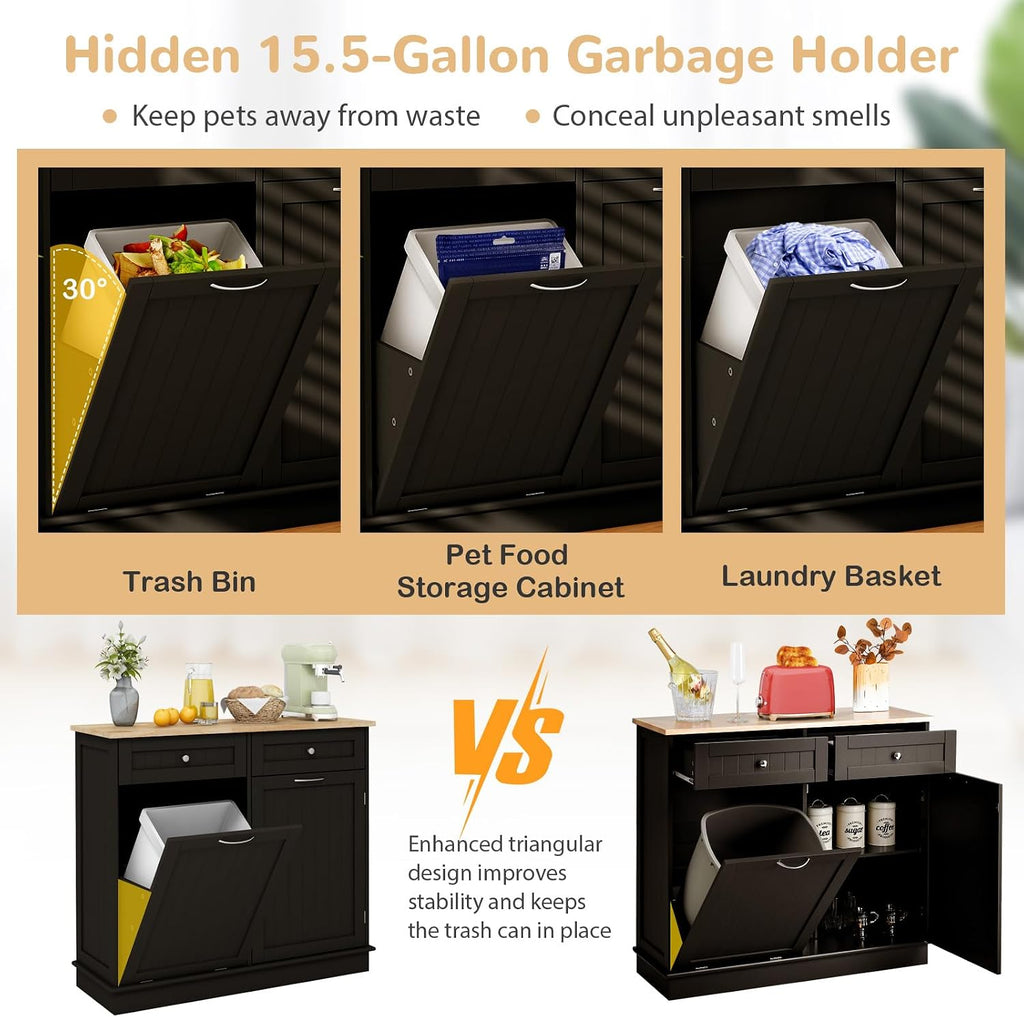 Tilt Out Trash Can Cabinet, Kitchen Island with Storage (Brown) | Large Cabinet & 2 Drawers, Adjustable Shelf, Hidden Garbage Can for Laundry, Kitchen, Bathroom