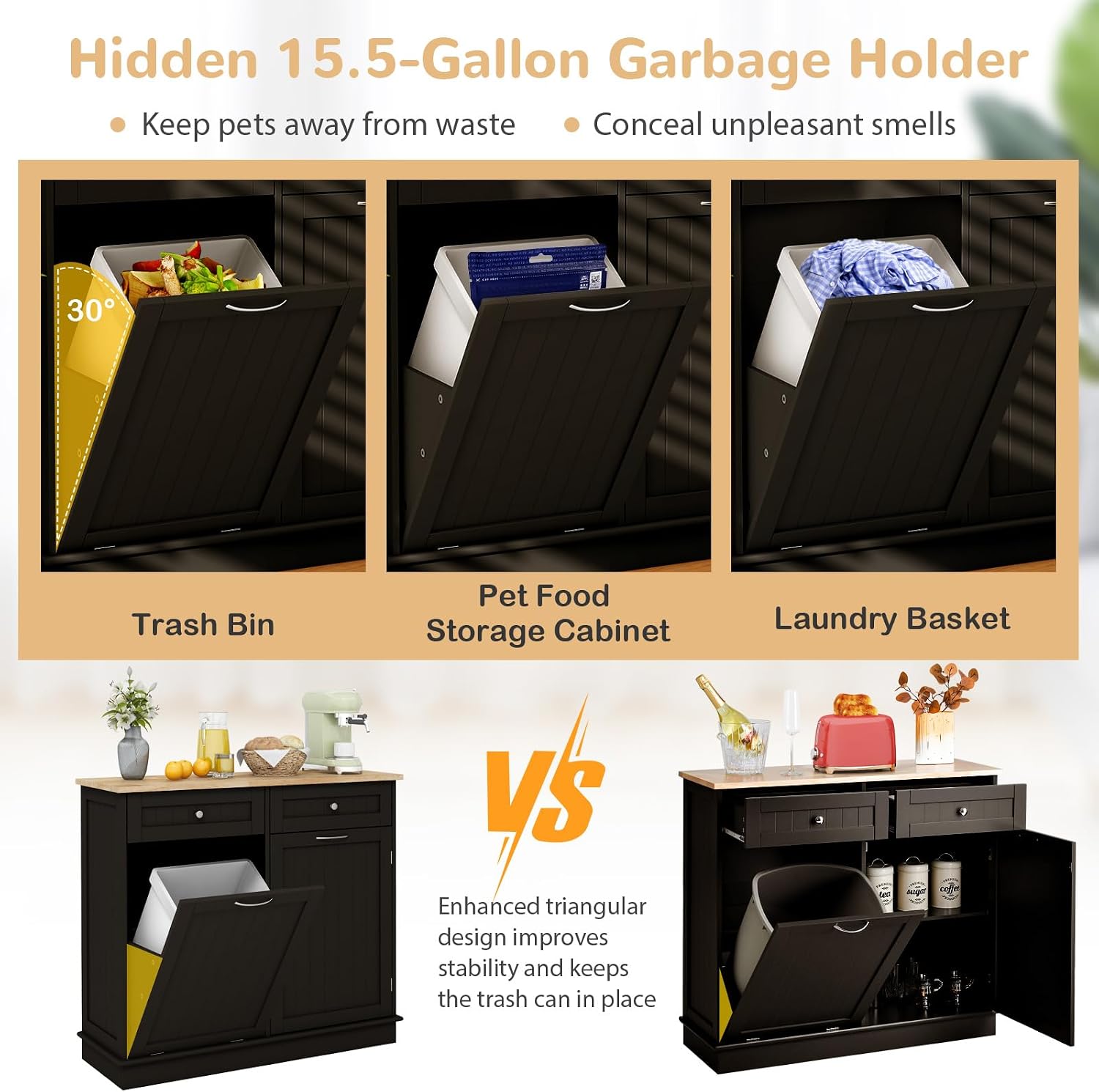 Tilt Out Trash Can Cabinet, Kitchen Island with Storage (Brown) | Large Cabinet & 2 Drawers, Adjustable Shelf, Hidden Garbage Can for Laundry, Kitchen, Bathroom