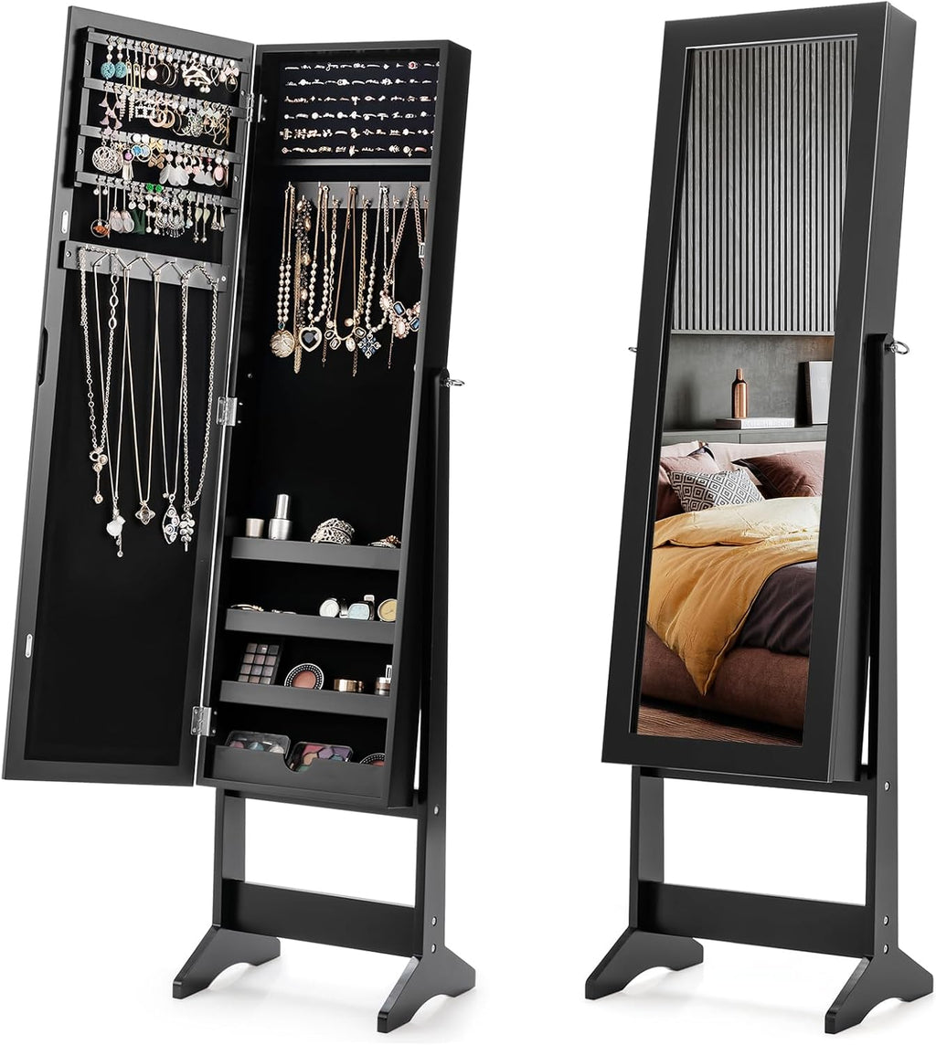Freestanding Jewelry Armoire Cabinet, Jewelry Organizer with Full Length Mirror, Standing Makeup Mirror Cabinet w/ 3 Adjustable Angles & Large Storage Capacity, for Bedroom Dressing Room (Black)