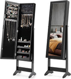 Freestanding Jewelry Armoire Cabinet, Jewelry Organizer with Full Length Mirror, Standing Makeup Mirror Cabinet w/ 3 Adjustable Angles & Large Storage Capacity, for Bedroom Dressing Room (Black)