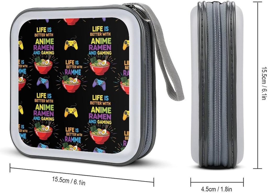 Portable CD Holder Case with Strap Life Is Better With Anime Ramen Gaming, 40-Capacity Hard Plastic Storage Binder, Protective Wallet for Car Office Travel