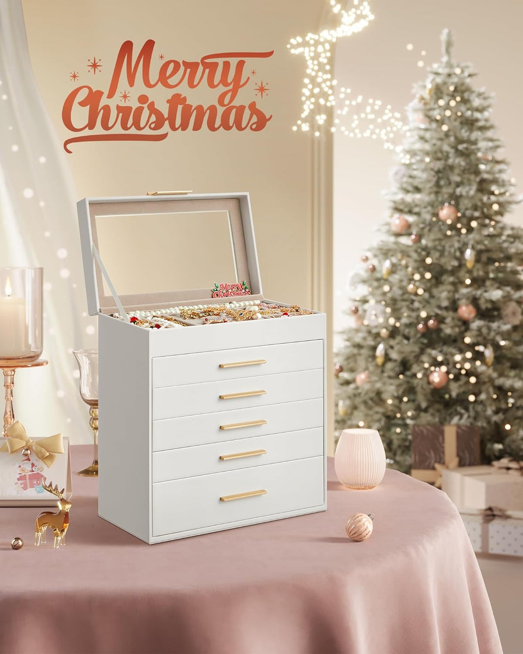 SONGMICS Jewelry Box Organizer with Glass Lid, 6-Layer Jewelry Storage, with 5 Drawers, Modern Style, Christmas Gift, 6.4 x 9.9 x 11.4 Inches, Cloud White and Gold Color UJBC171W01