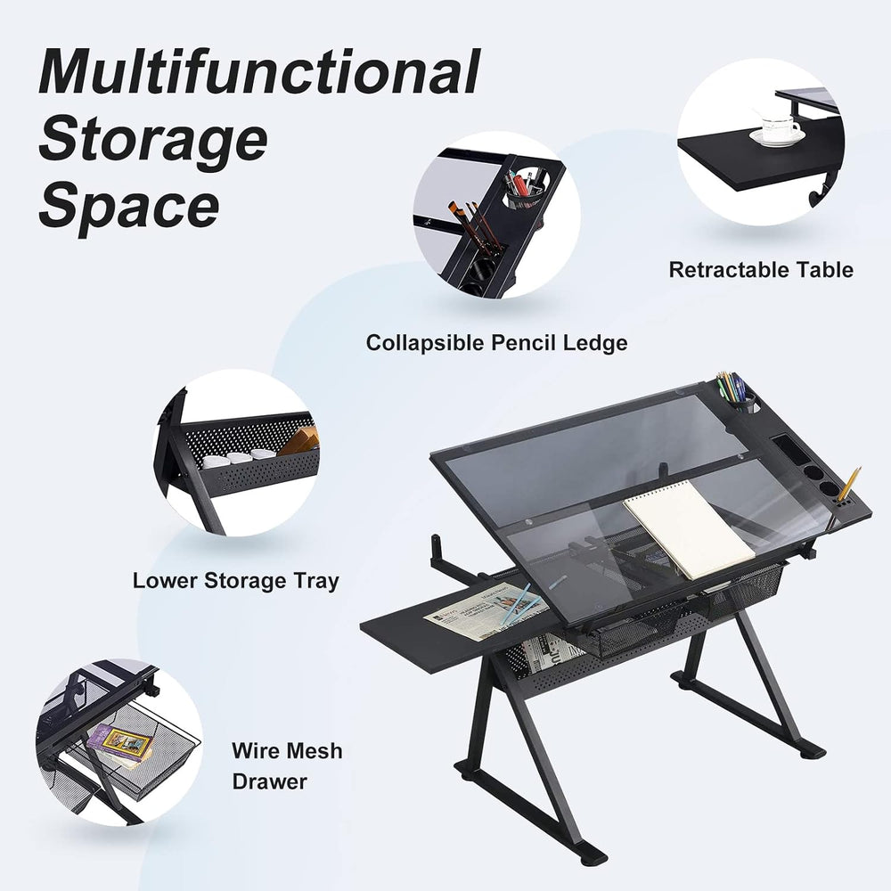 Height Adjustable Drafting Tables, Glass Drawing Art Table, Tilting Tabletop ...