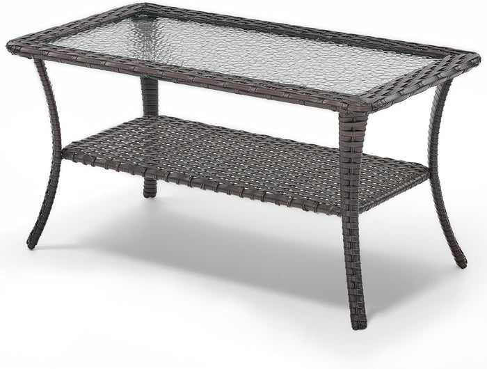 Outdoor Coffee Table - Patio Rattan Wicker Coffee Table with Tempered Glass Top and 2-Tier Storage Outdoor Table for Deck Porch Balcony Garden - Brown