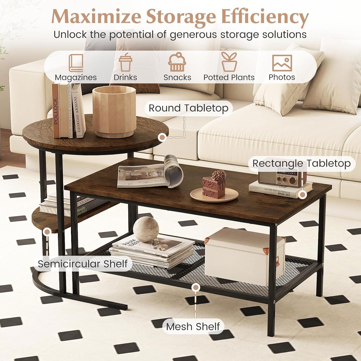 GOFLAME Nesting Coffee Table Set of 2, 2 PCS Nesting Tables with Wood Top and Extra Storage Shelf, Modern Round End Table & Rectangular Coffee Tables for Living Room, Bedroom, Rustic Brown+Black