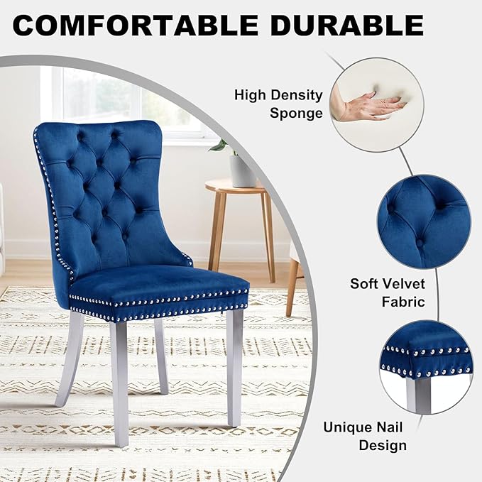 51 Inch Glass Dining Table Set for 4, Rectangular Glass Kitchen Table with 4 Upholstered Velvet Accent Chairs, 5 Piece Modern Dining Room Set, for Home, Apartment, Small Spaces - Blue Silver