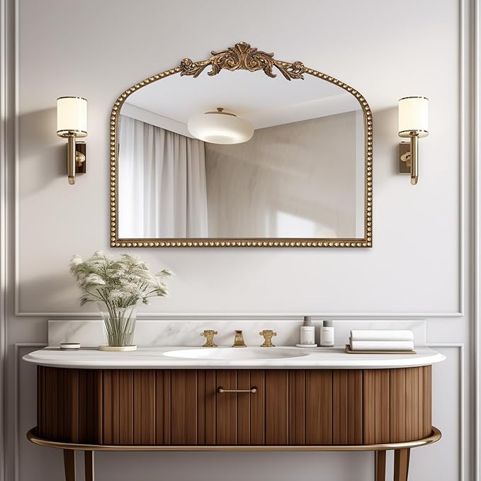 Baroque Arch Mirror for Living Room Wall, 36" X 30" Antique Gold Traditional Cathedral Ornate Beaded Arched Frame Decorative Vanity Mirrors for Mantel Fireplace, Bathroom, Bedroom Decor