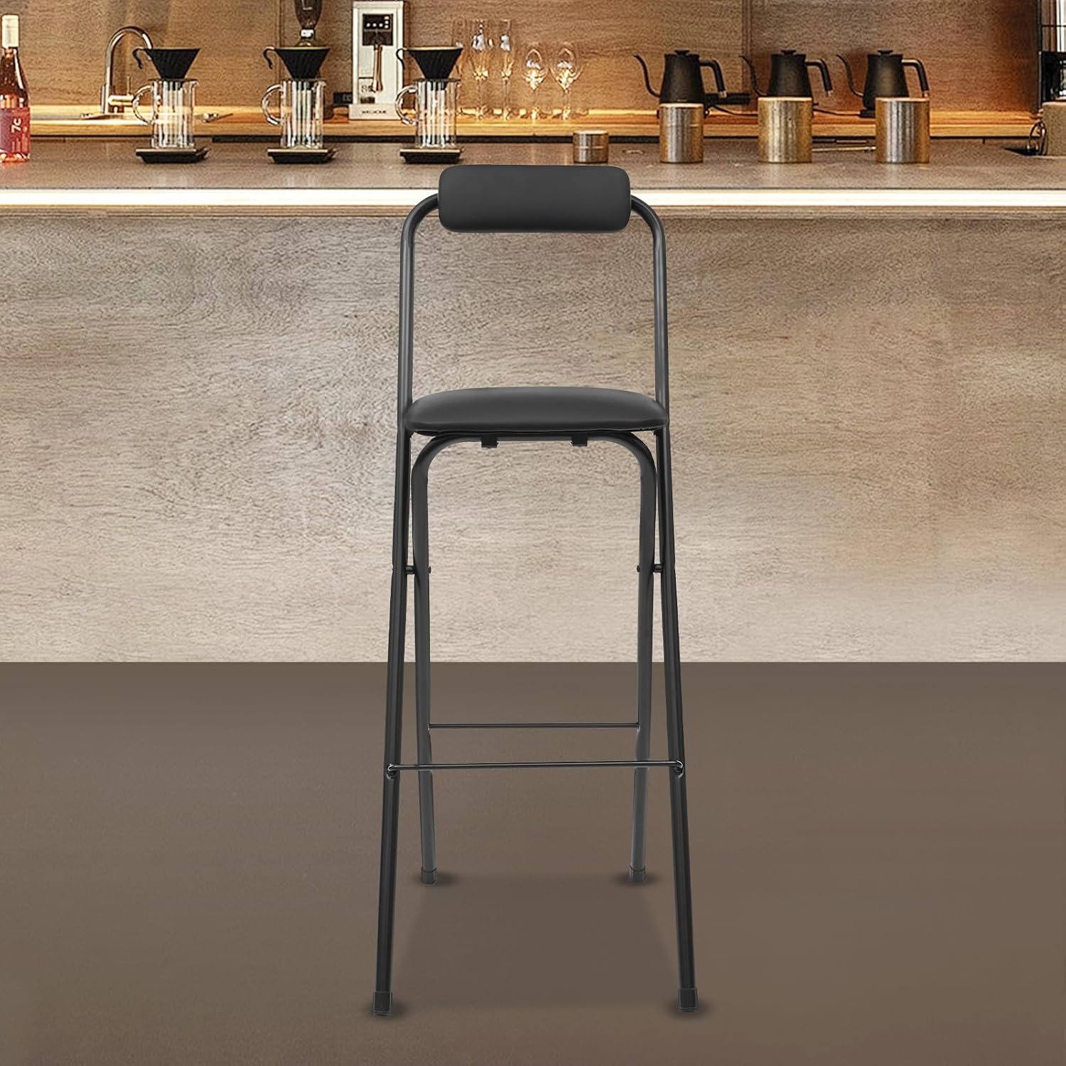 1Pcs Folding Bar Stool with Backrest, 29.53" Tall Foldable Stool Chair Portable High Folding Leather Bar Chair for Kitchen Island Shop Cafe Dining Room Gardening, 275lb Load Capacity(Black)