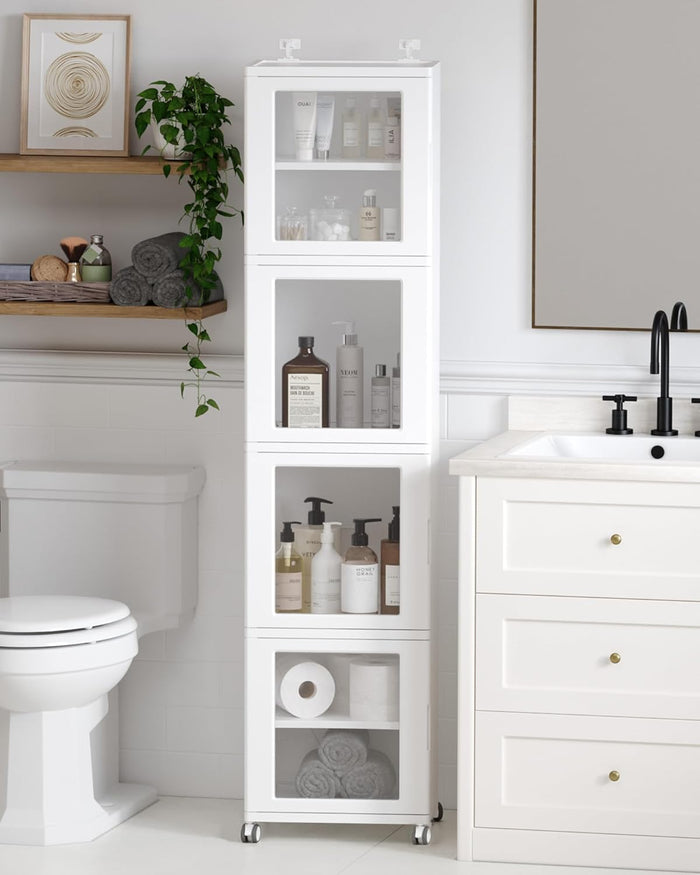 Vtopmart 63.2" Tall Slim Bathroom Storage Cabinet with 4 Adjustable Shelves and 4 Doors, Freestanding Narrow Cabinets Organizer with Wheels and Anti-tip for Laundry, Kitchen, Pantry, White