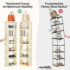 Kitstorack 10 Tiers Stackable Shoe Rack for Closet and Front Door Entrance - Free Standing Plastic Stand, Narrow Tall Vertical Organizer for Small Spaces Storage, White