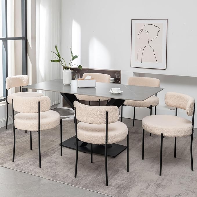Boucle Dining Chairs Set of 6, Upholstered Dining Room Chairs with Black Metal Legs, Modern Dining Chair for Dining Room, Kitchen (Beige)