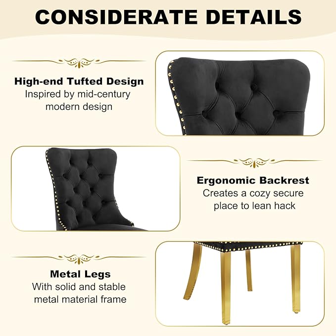 51 Inch Glass Dining Table Set for 4, Rectangular Glass Kitchen Table with 4 Upholstered Velvet Accent Chairs, 5 Piece Modern Dining Room Set, for Home, Apartment, Small Spaces - Black Gold