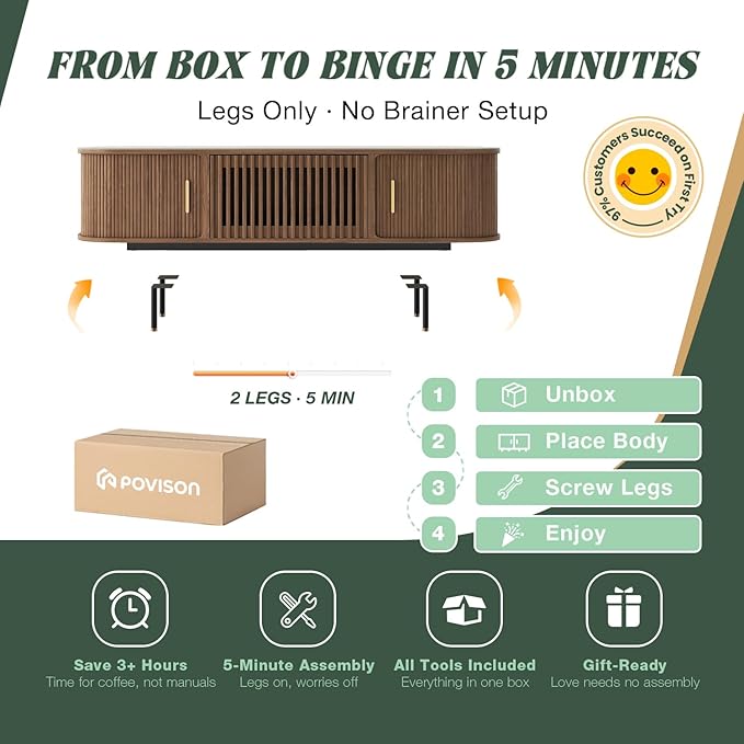 POVISON Fully-Assembled Sliding Tambour Door TV Stand, Mid Century Modern Sintered Stone TV Console, Wood Media Console for 70 Inch TV, Entertainment Center with Storage Cabinet(Walnut, 70.87")