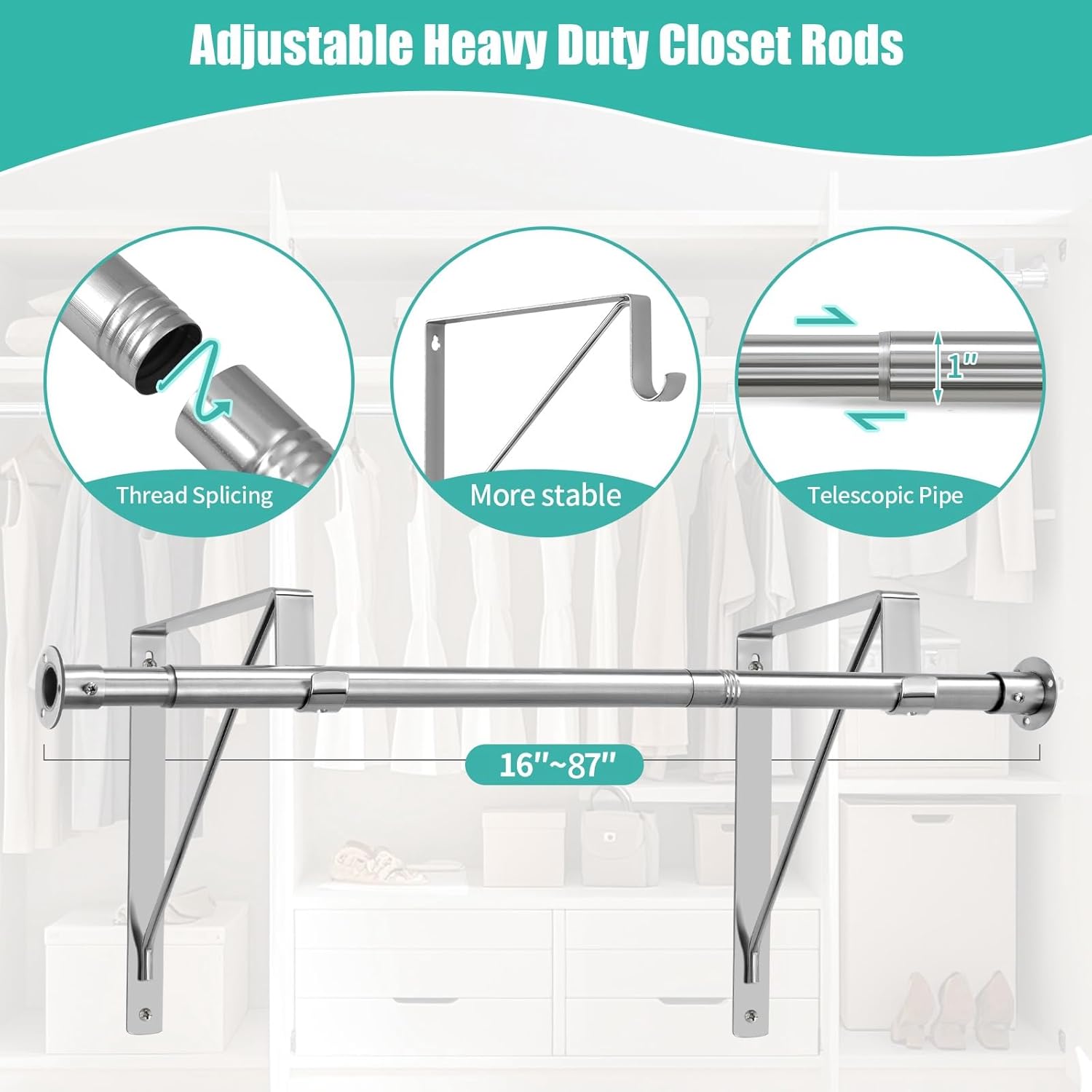 Closet Rod, 16 to 87 Inch Closet Rods Heavy Duty Adjustable Wardrobe Poles for Hanging Clothes and Heavy Duty Bracket Closet Pole Support (The Shelf NOT Included)(Silver)