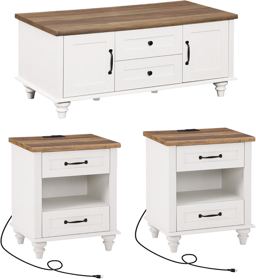 WAMPAT White Coffee Table Set of 3, One Wood Center Table with Drawers, 2 End...
