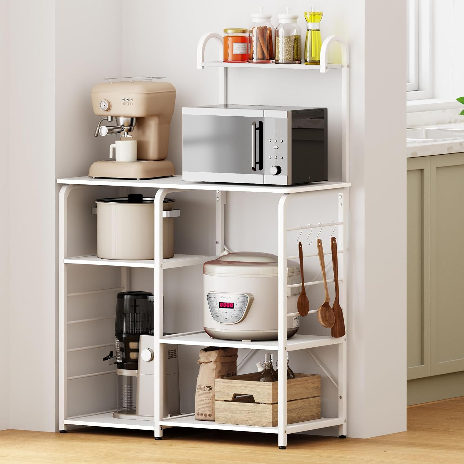 sogesfurniture Kitchen Baker's Rack, 35.4'' Utility Microwave Oven Stand, 4-Tier Capacity Utility Storage Shelf with 5 Hooks, White