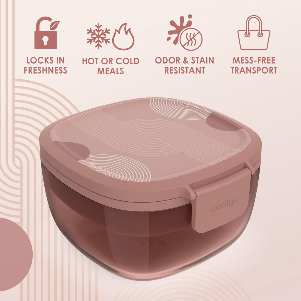 Bentgo Glass Prints All-in-One Salad Container - 61oz Tinted Glass Salad Bowl with Lid, Bento-Style Tray, Sauce Container, & Reusable Fork - Dishwasher & Microwave Safe (Mod Curve - Desert Rose)