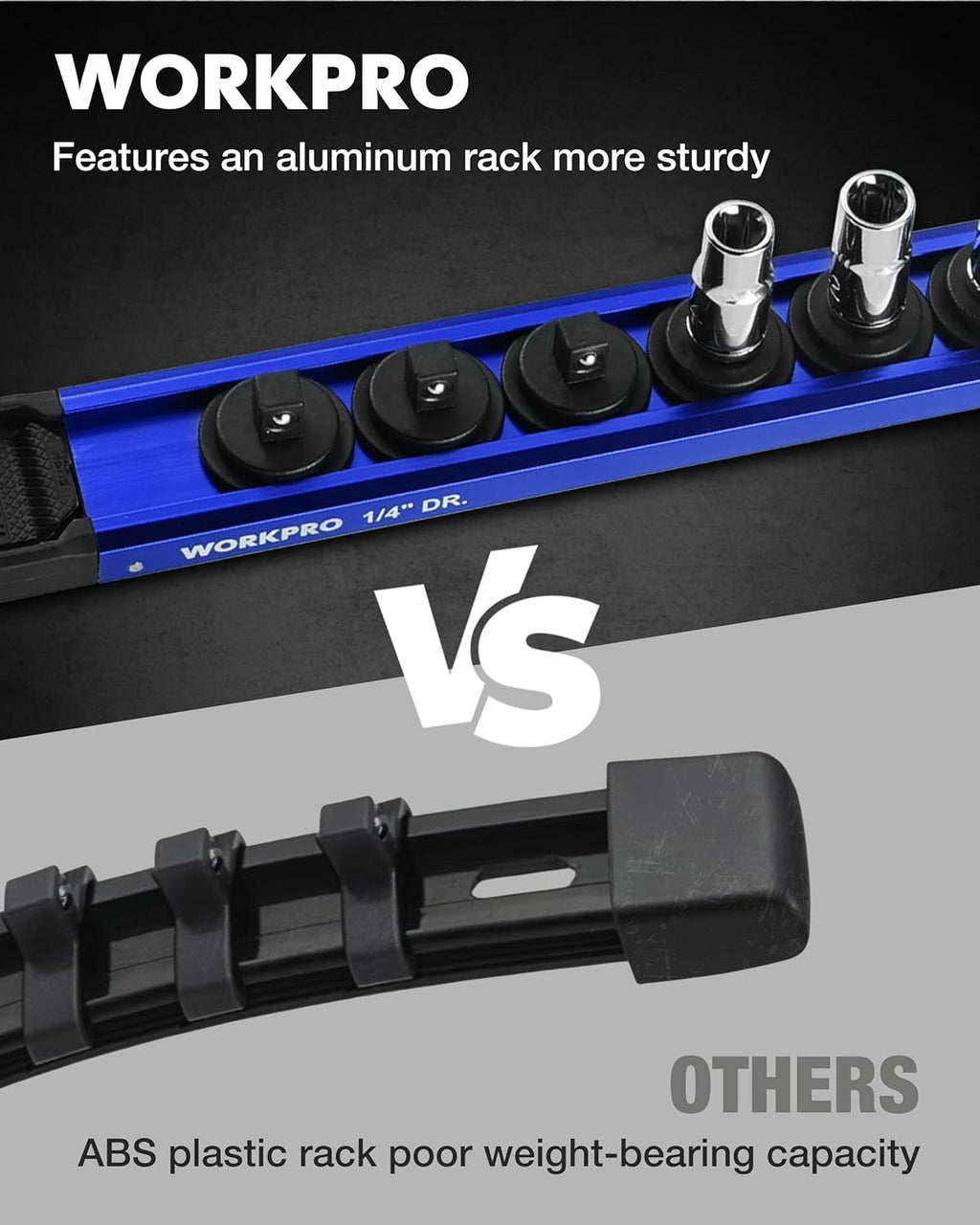 WORKPRO Magnetic Socket Organizer, 1/4" Drive Aluminum Alloy Socket Holder, Heavy Duty Socket Rail with 12 PC Removable Socket Clips, Socket Organizer Tray for Tool Box Drawer (Sockets Not Included)