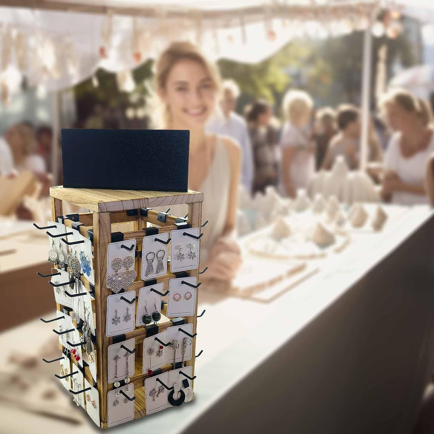 Wooden rotating Jewelry Display Stand with Removable 48 Hooks advertising board, For Earring Cards necklace bracelet Keychain Jewelry Organizer For Selling For vendor events (brown)