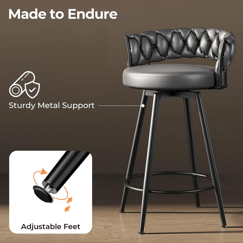26" Counter Height Bar Stools Set of 2, Premium Faux Leather Barstools | Upholstered 360°Swivel Bar Chairs with Woven Backs Support & Heavy Duty Metal Legs for Kitchen Counter, Dark Grey