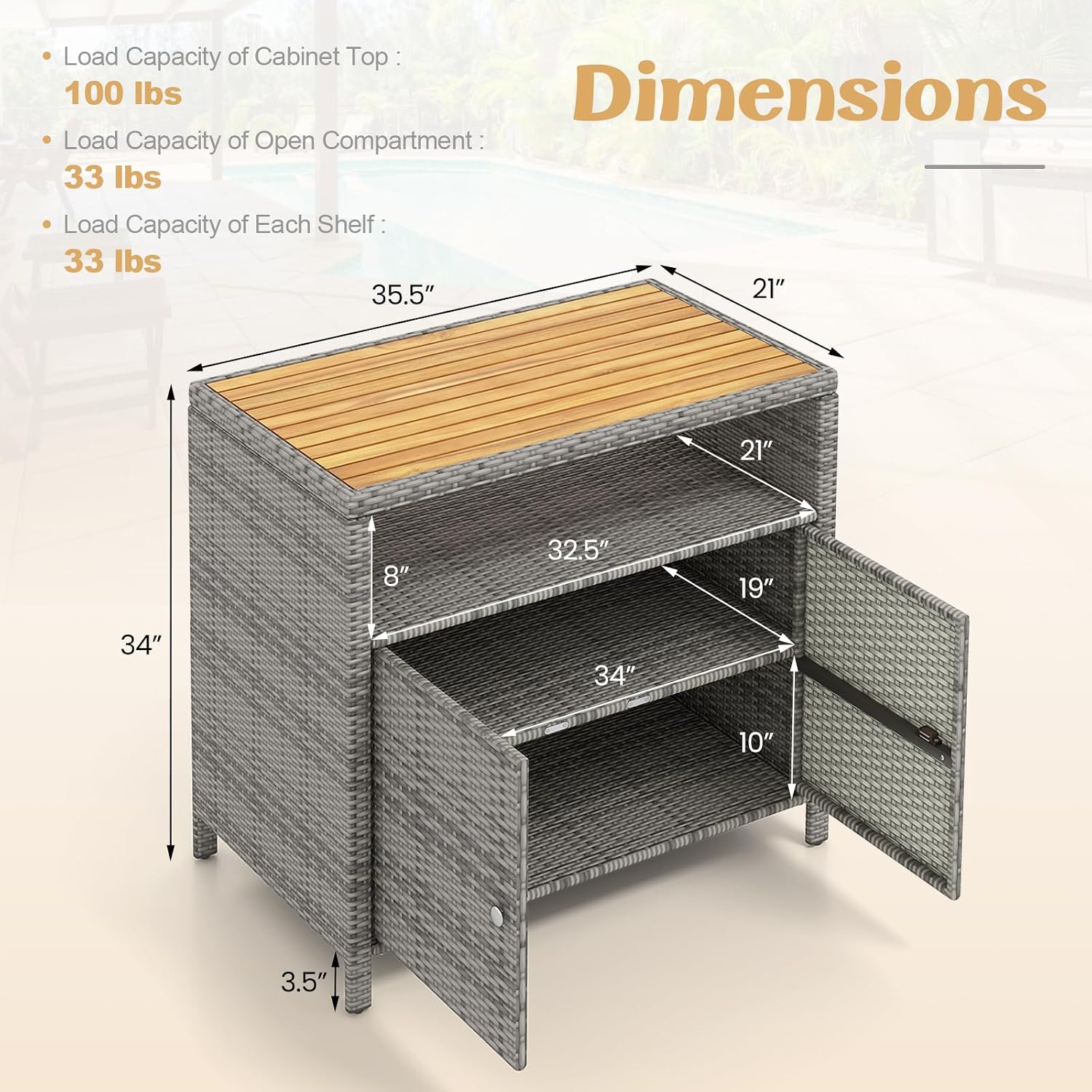 RELAX4LIFE Wicker Outdoor Bar Cabinet - PE Rattan Patio Bar Table w/Acacia Wood Countertop, Open Shelf & 2 Doors, Buffet Sideboard Organizer for Garden Backyard Pool, Outside Storage Cabinet (Grey)