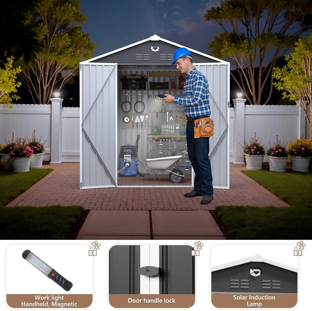 8X6 FT Outdoor Storage Shed, Metal Garden Shed - Tool Storage Sheds with Lockable Doors, Waterproof Outside Storage Building for Backyard, Patio (Black; Floor Not Included)