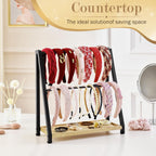 Headband Holder Organizer Metal 2-Tier Display Stand for Selling, Home Bedroom Headband Storage for Girls Women, Headband Stand Wood Base Can Store Hair Ties, Black