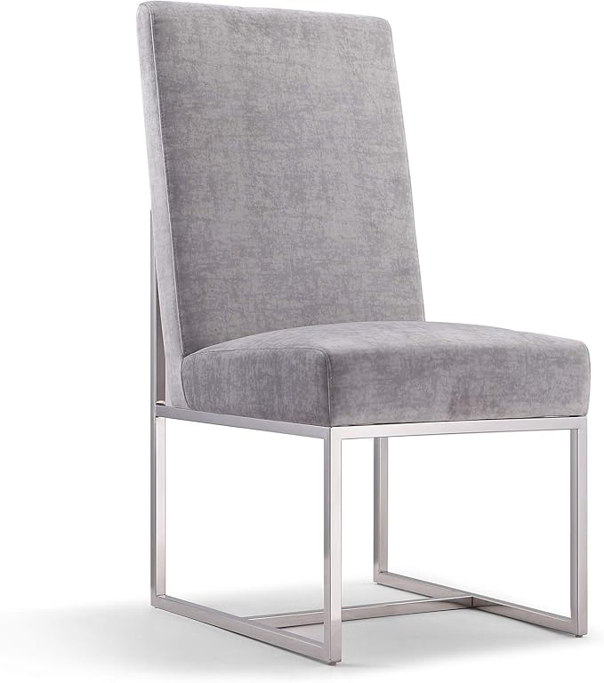 Manhattan Comfort Element Modern Velvet Dining Chairs, High Density Foam, Chrome Finish Stainless Steel Frame, High-Back, Fully Assembled Industrial Chic Accent Furniture, Set of 1, Grey