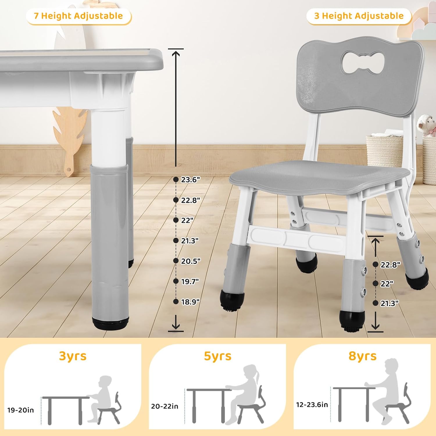 Arlopu Kids Table and 4 Chairs Set, Anti-Slip Toddler Activity Desk | Height Adjustable ((18.9"–23.6"), Wipe-Clean Desktop, Montessori Learning, Drawing, Classroom, Home & Daycare (Grey)