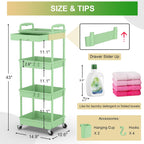 Goovilla 4 Tier Rolling Utility Cart Organizer with Removable Drawer, Stable and Sturdy Green Rolling Storage Carts with 2 Lockable Wheels for Bathroom, Kitchen, Snack, Craft, Makeup, Baby Essentials