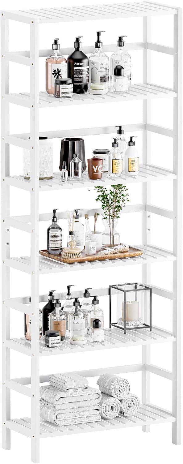 HITNET Bookshelf, 6-Tier Tall Bookcase Freestanding Bamboo Book Shelf Bathroom Storage Organizer with Adjustable Shelves, White