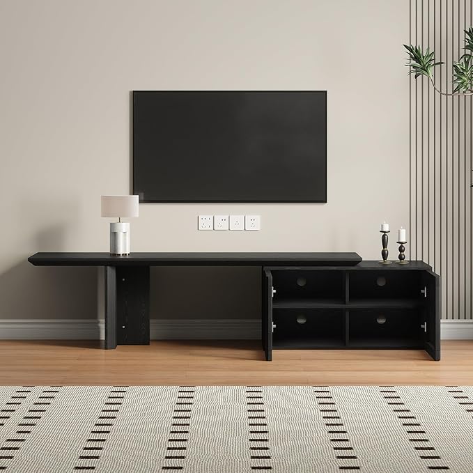 XEW Extendable TV Stand with Storage and Shelves, Wood Entertainment Center for 55+ Inch TV, Modern TV Console, Minimalist Media Console for Living Room, Bedroom-Black (Extendable: 60.6"-84.3")