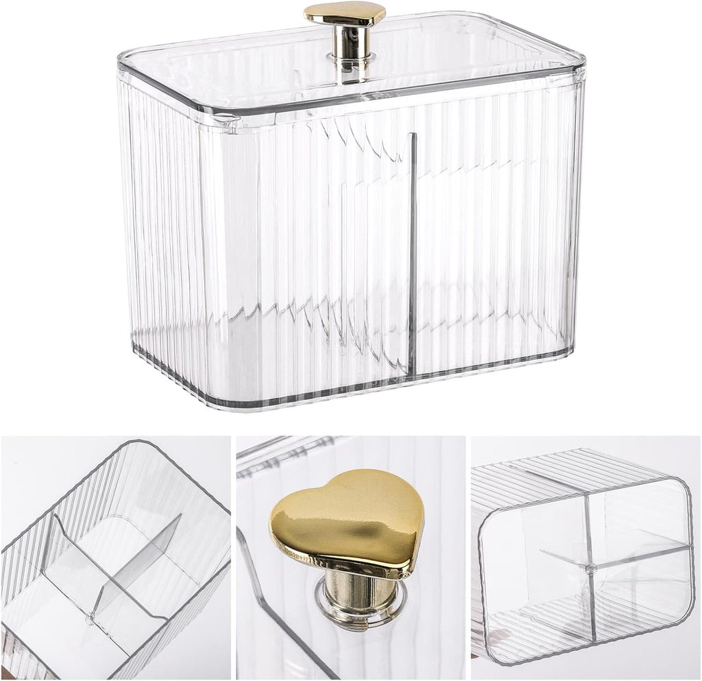 Tbestmax Qtip Holder Dispenser 3-Section Clear Bathroom Organizer Jar 3 Grids Cotton Swab/Pad/Ball Holder Container Cosmetics Storage for Vanity(2 Pack)