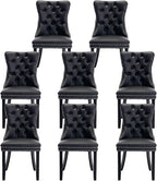 Leather Upholstered Dining Chairs Set of 8, Modern Style Kitchen Side Chairs with Nailhead Trim and Wood Leg, Metal Pulling Ring for Dining Room Living Room(Black&Grey)