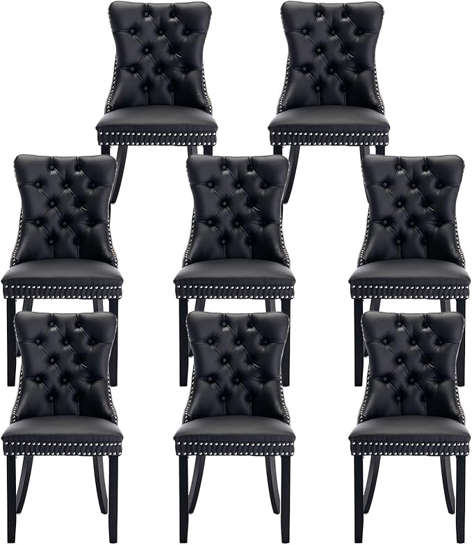 Leather Upholstered Dining Chairs Set of 8, Modern Style Kitchen Side Chairs with Nailhead Trim and Wood Leg, Metal Pulling Ring for Dining Room Living Room(Black&Grey)